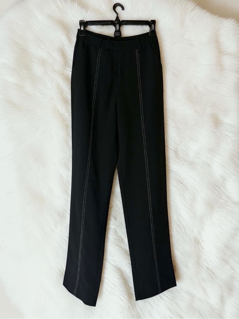 Princess Polly Black Straight-Leg Pants with White Stitching size 2